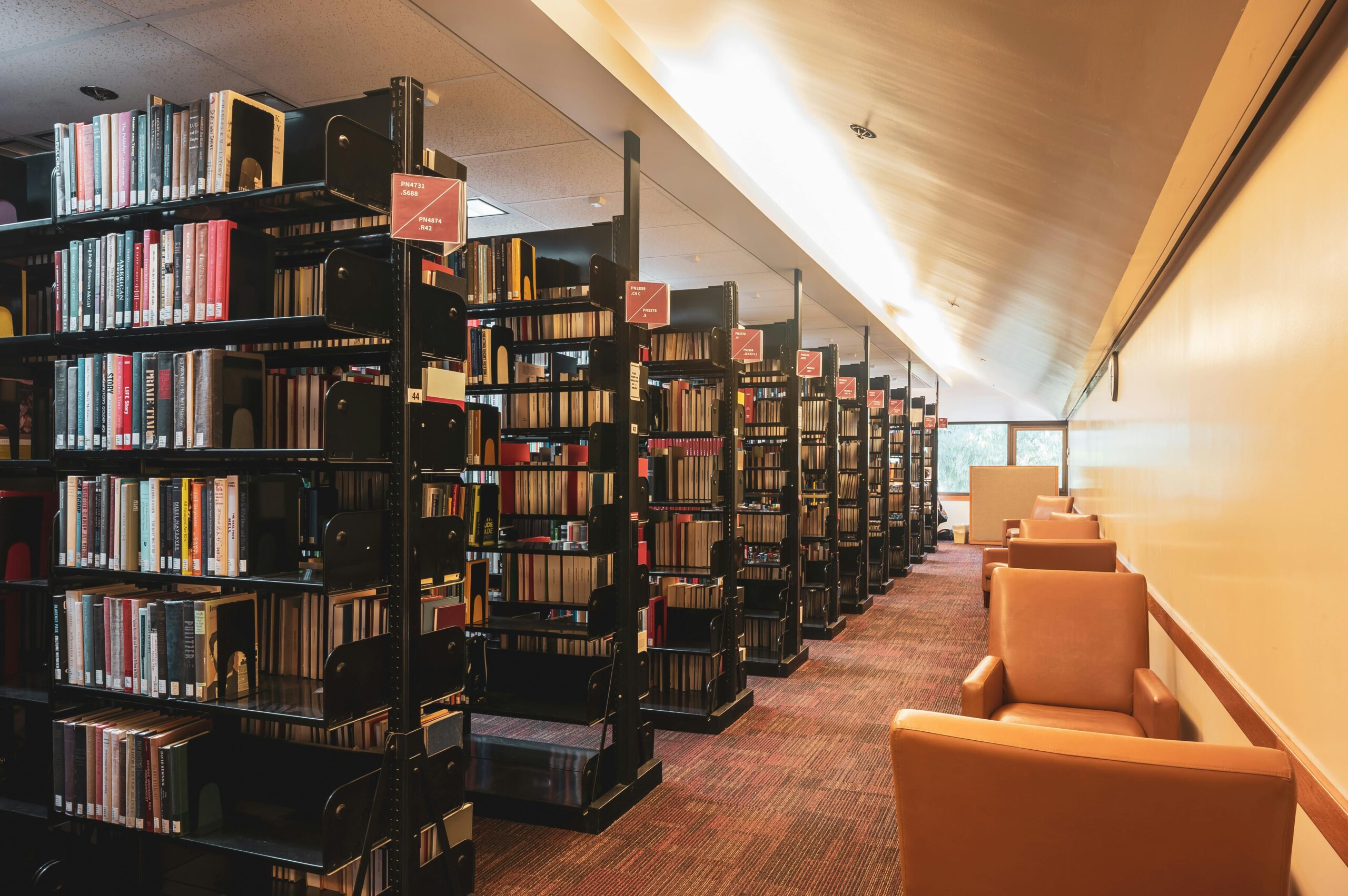 Library interior with bookshelves and armchairs. Ideal for education and reading themes.